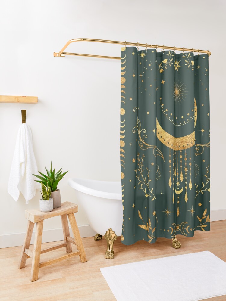 Alternate view of Sage green and gold Celestial crescent moon with floral accents and moon phase tie dye Shower Curtain