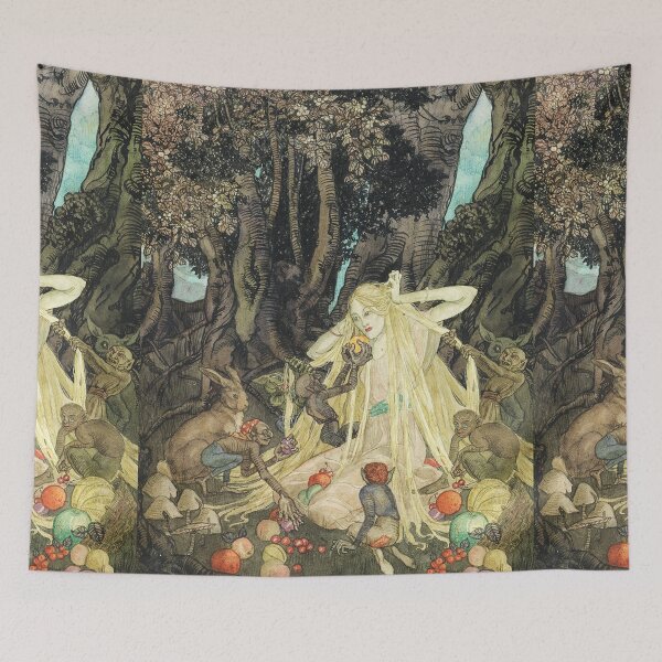 Item preview, Woman  in the forest with goblins vintage artwork illustration Hilda Hechle designed and sold by Vintage Designs +.