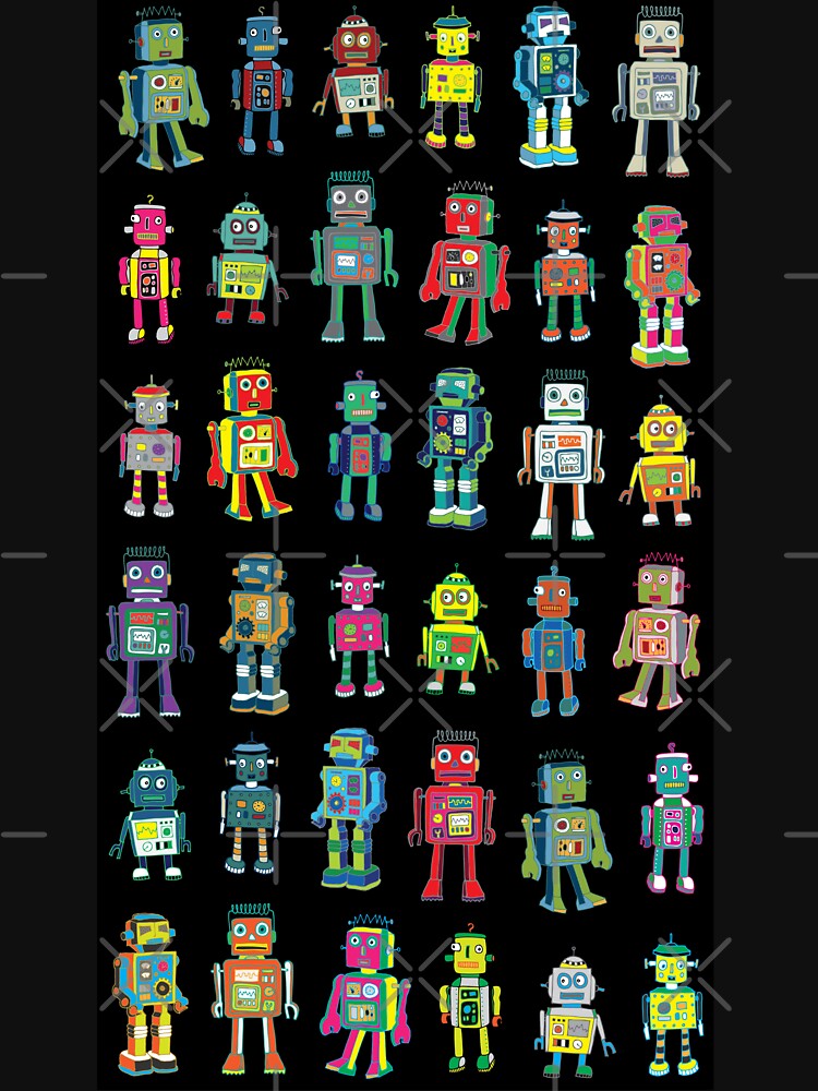 Thumbnail 7 of 7, Classic T-Shirt, Robot Line-up on Black - fun pattern by Cecca Designs designed and sold by Cecca-Designs.