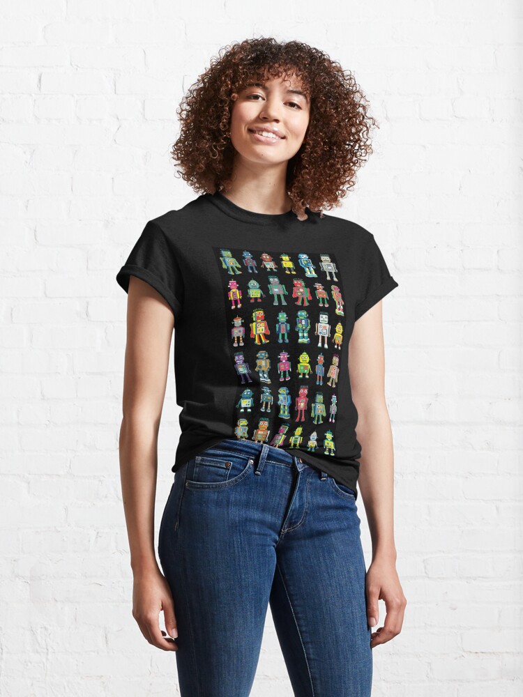 Classic T-Shirt, Robot Line-up on Black - fun pattern by Cecca Designs designed and sold by Cecca-Designs