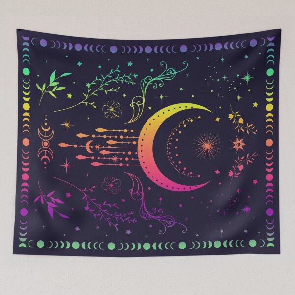 Item preview, Rainbow Celestial crescent moon with floral accents and moon phase tie dye designed and sold by Abigail Jacques.