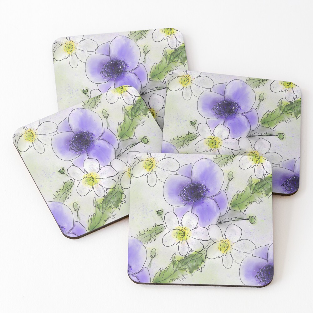 Whimsical Purple and White Anemones Coasters (Set of 4)