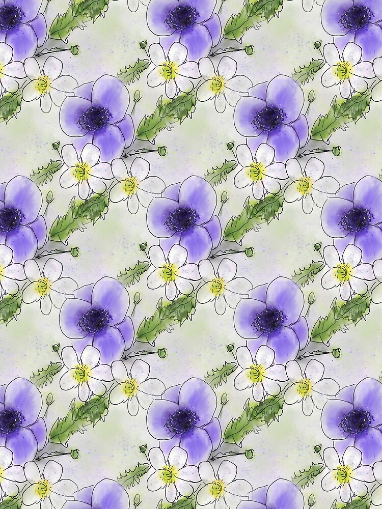 Whimsical Purple and White Anemones by ClareWalkerArt