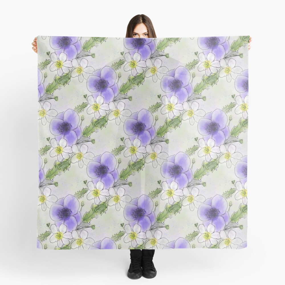 Whimsical Purple and White Anemones Scarf