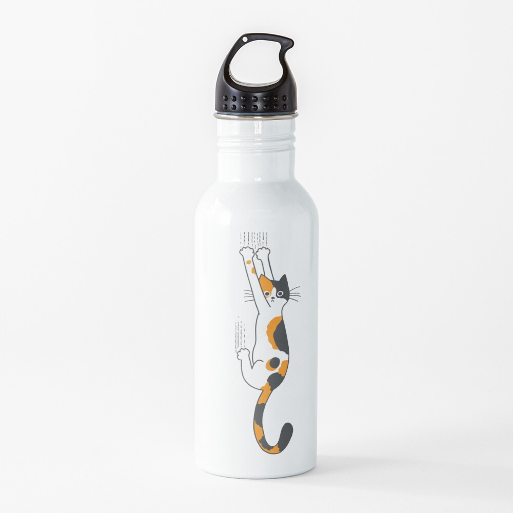 Calico Cat Hanging On Water Bottle