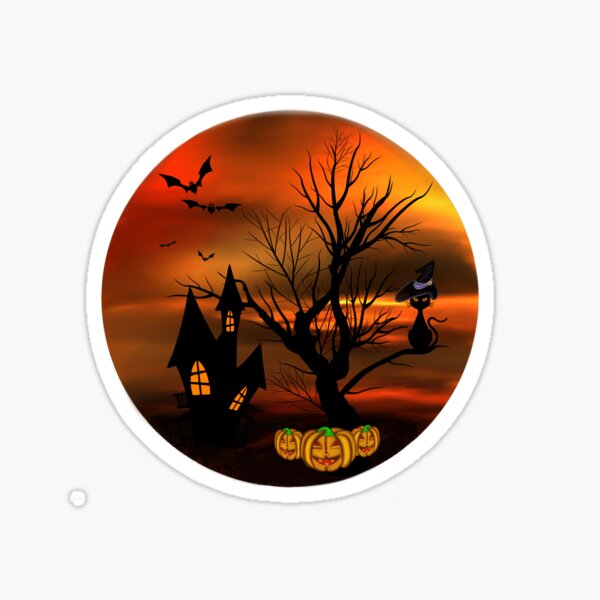Halloween Katze mit Zauberhut in einem blattlosen Baum, leuchtende Kürbisse, Fledermäuse und eine alte Villa Sticker