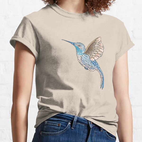 Hummingbird In Golds and Blues Pen and Ink Illustration Classic T-Shirt
