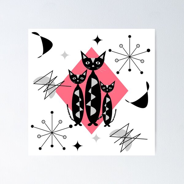 Modern Mid Century Iconic Atomic Starburst Cute Retro Cats Poster