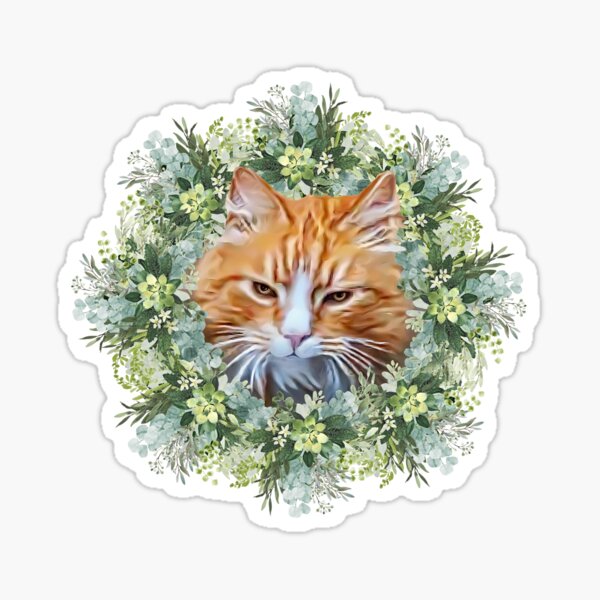 Handsome Orange Tomcat Cat with Leafy Flower Background, Painting Sticker