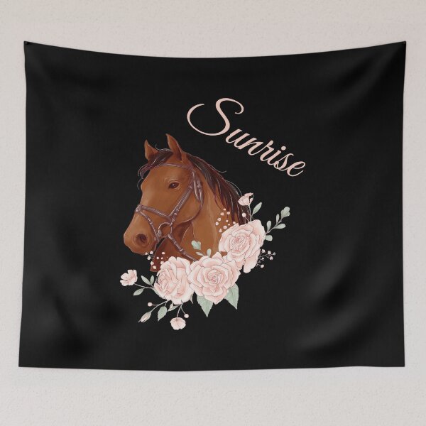 Item preview, Portrait of a Brown Horse Sunrise with Caligraphy and Flowers designed and sold by Xeuno.