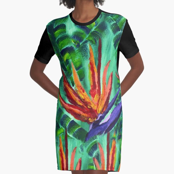 Bird of Paradise Crane Flower Acrylic Painting Graphic T-Shirt Dress