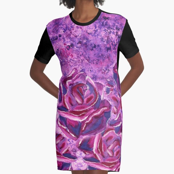 Blue Violet Winter Roses Acrylic Painting Graphic T-Shirt Dress