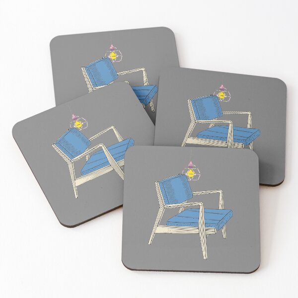 Midcentury Modern Cute Wegner Teak Chair and Lamp Hipster Architecture Interior Design Coasters (Set of 4)