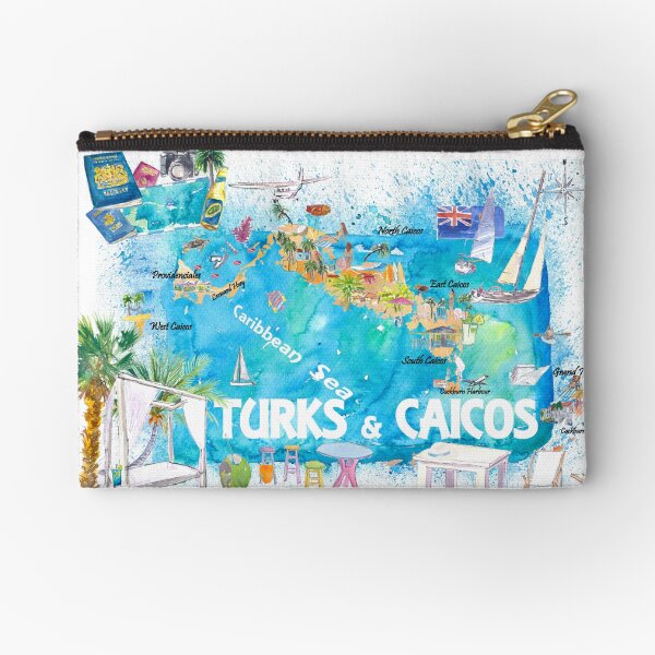 Aperçu de l'œuvre Carte illustrée des Antilles Turques-et-Caïques avec routes et points forts créée et vendue par artshop77.