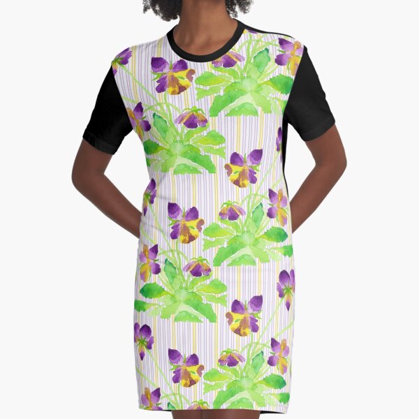 Watercolor Pansies Purple Yellow Lavender Stripes Pattern Graphic T-Shirt Dress