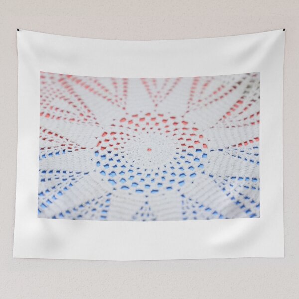 Item preview, Abstract white knitted floral lace on a blue and red background creating a beautiful textured background with space to write your text designed and sold by FCEalin.