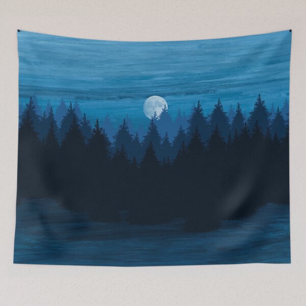 Item preview, Moon Light Dark Blue Pine Forest - Shades of Navy Blue Landscape with Cloudy Moonlit Sky designed and sold by PrettyLittlePic.