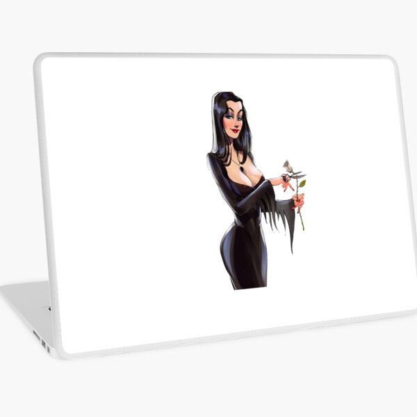 Morticia Addams with white rose Laptop Skin