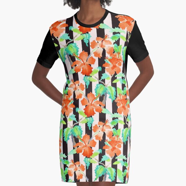 Watercolor Orange Hibiscus Black White Stripes Pattern Graphic T-Shirt Dress
