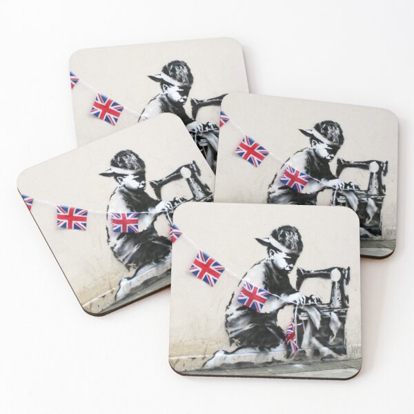 Item preview, Banksy slave child labour graffiti wall mural art sewing machine union jack flag designed and sold by MindChirp.