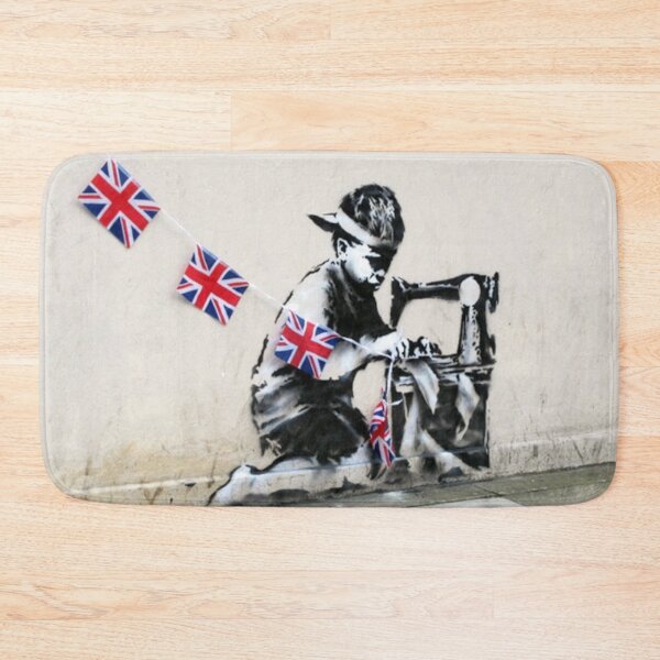 Item preview, Banksy slave child labour graffiti wall mural art sewing machine union jack flag designed and sold by MindChirp.