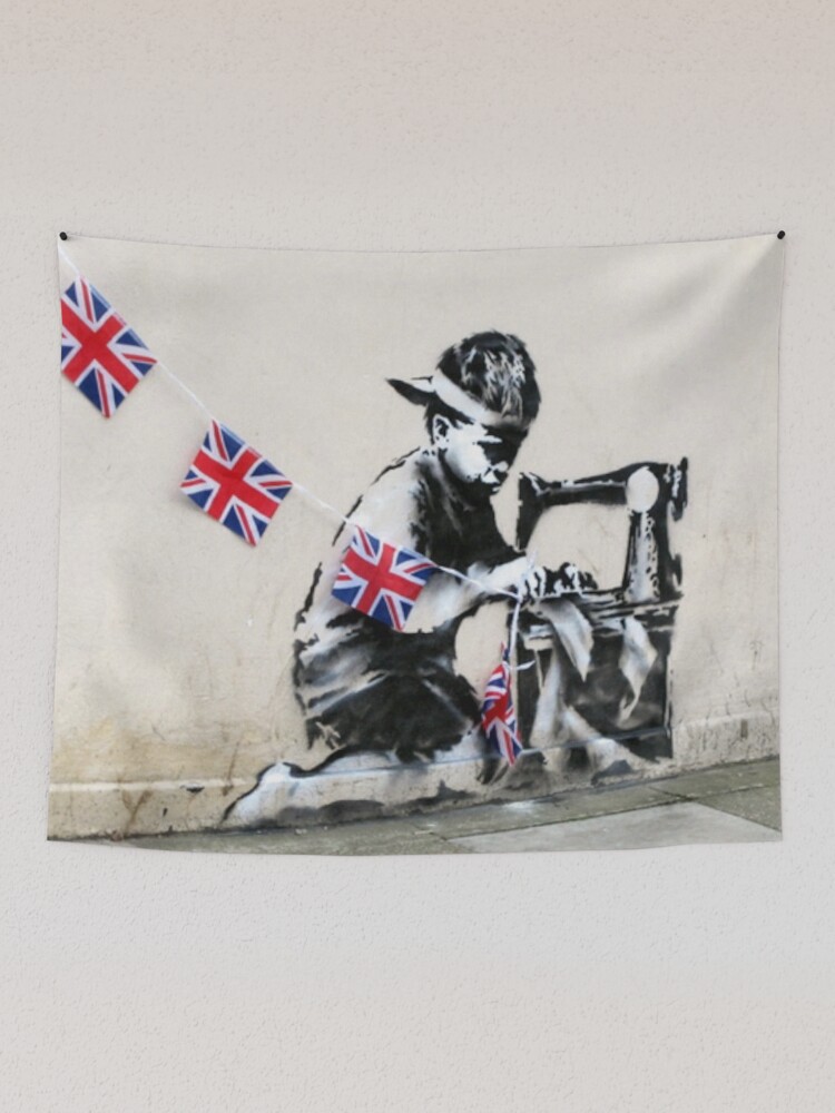 Banksy slave child labour graffiti wall mural art sewing machine
