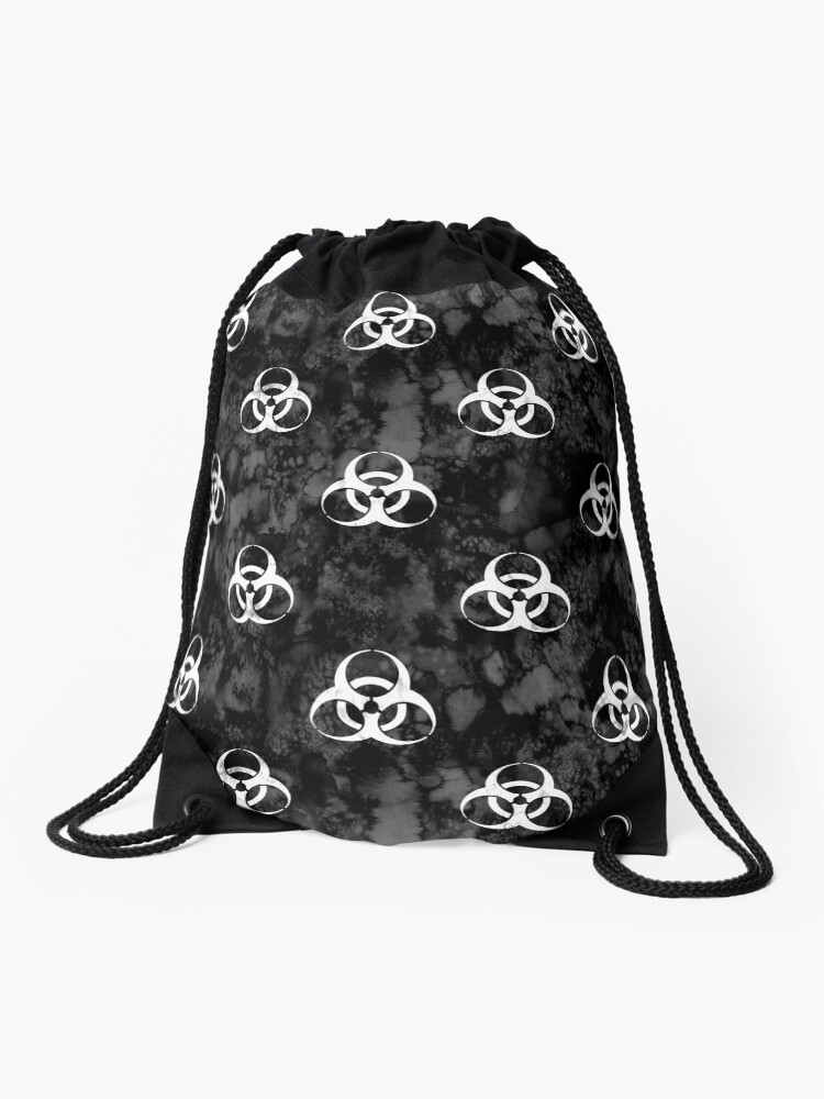 Thumbnail 1 of 3, Drawstring Bag, Grungy Biohazard White on Black designed and sold by Paisley Yazel.