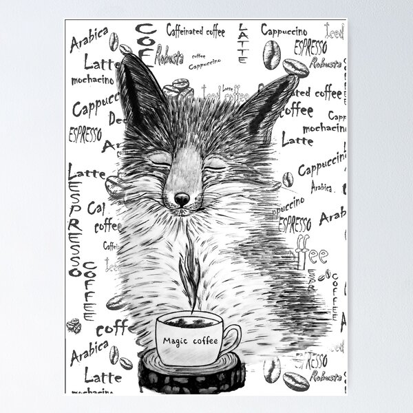 Aperçu de l'œuvre Renard noir et blanc appréciant le café créée et vendue par LiskaPS.