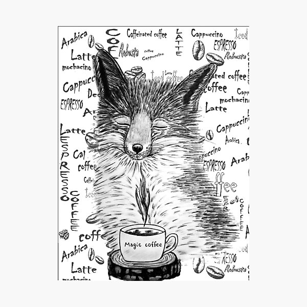 Item preview, Black and white fox enjoying coffee designed and sold by LiskaPS.