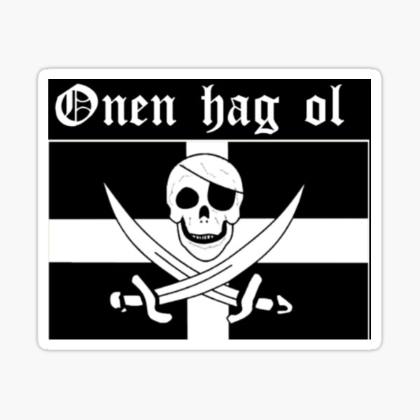 Cornish Pirate Flag- Onen hag ol (one and all in Cornish) Sticker