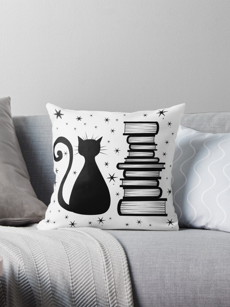 Thumbnail 1 of 4, Pillow, A Cat & Books designed and sold by thenocturnalfey.
