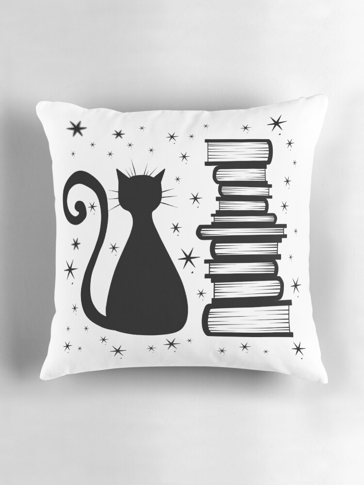 Thumbnail 3 of 4, Pillow, A Cat & Books designed and sold by thenocturnalfey.