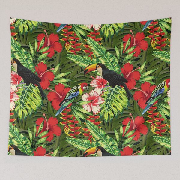Item preview, Exotic Tropical Plants - Red Hibiscus Flowers, Toucan, Parrot designed and sold by silviaol.