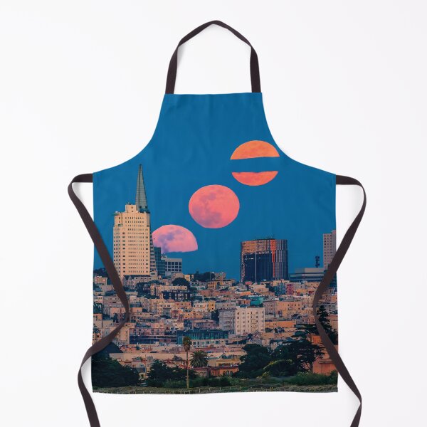 Item preview, Original fine art photo print featuring a blood orange moonrise timelapse with multiple moons above San Francisco Downtown landmarks viewed from Marina District in San Francisco, California, USA. designed and sold by SvetlanaSF.