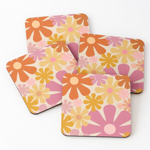 Item preview, Retro 60s 70s Flowers - Vintage Style Floral Pattern in Thulian Pink, Orange, Mustard, and Cream designed and sold by kierkegaard.