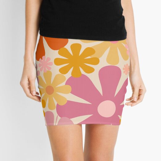 Retro 60s 70s Flowers - Vintage Style Floral Pattern in Thulian Pink, Orange, Mustard, and Cream Mini Skirt