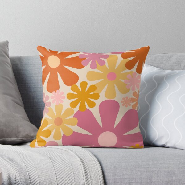 Retro 60s 70s Flowers - Vintage Style Floral Pattern in Thulian Pink, Orange, Mustard, and Cream Throw Pillow