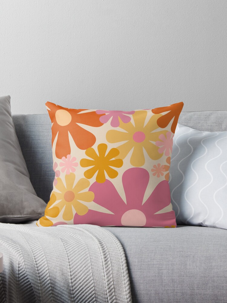 Retro 60s 70s Flowers Vintage Style Floral Pattern in Thulian Pink Orange Mustard and Cream Pillow for Sale by kierkegaard Redbubble