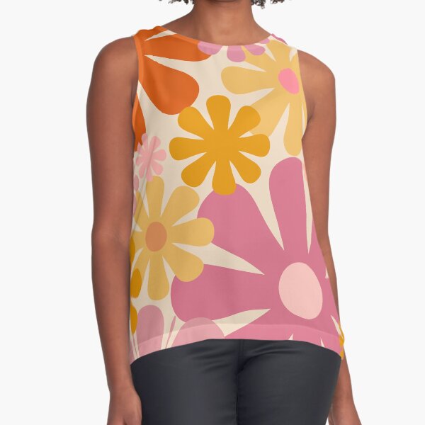 Retro 60s 70s Flowers - Vintage Style Floral Pattern in Thulian Pink, Orange, Mustard, and Cream Sleeveless Top