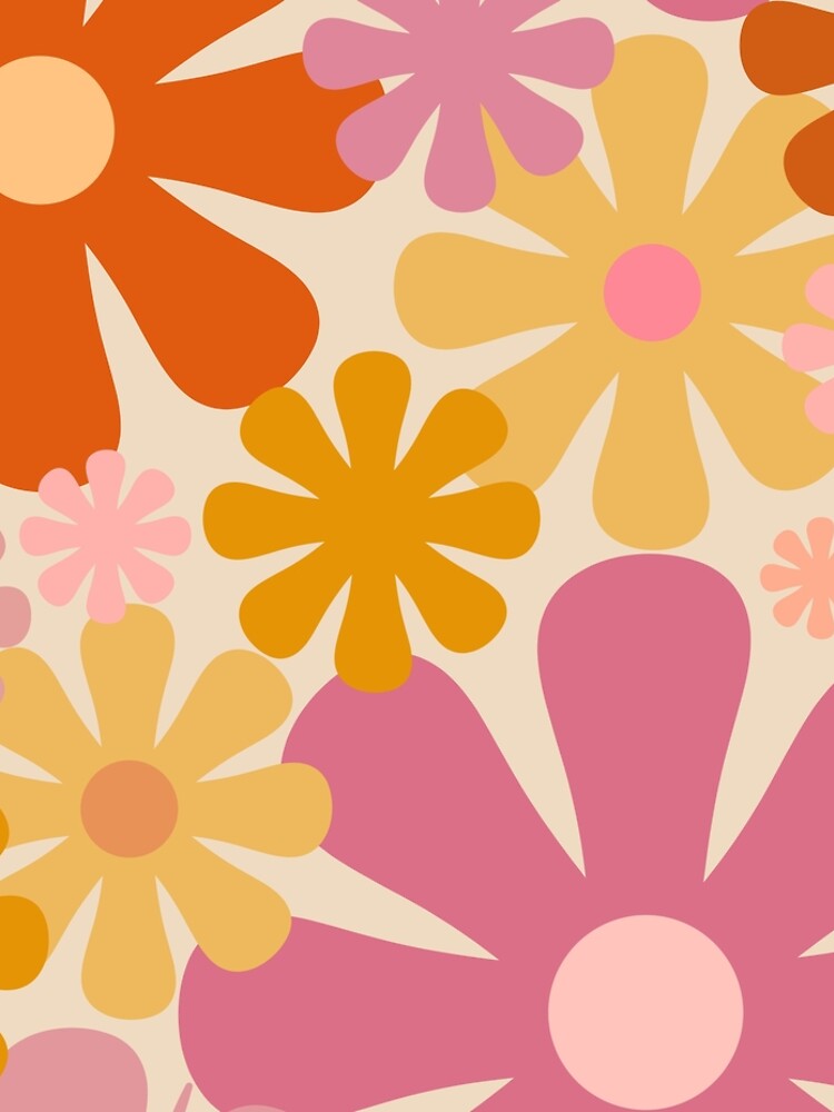 Retro 60s 70s Flowers - Vintage Style Floral Pattern in Thulian Pink, Orange, Mustard, and Cream by kierkegaard