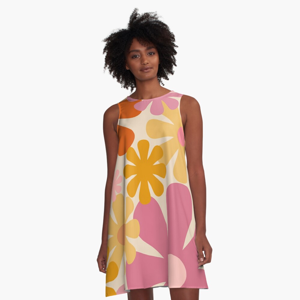 Retro 60s 70s Flowers - Vintage Style Floral Pattern in Thulian Pink, Orange, Mustard, and Cream A-Line Dress