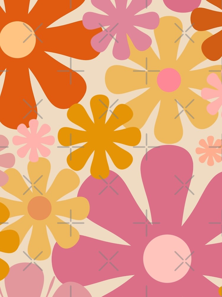 Retro 60s 70s Flowers - Vintage Style Floral Pattern in Thulian Pink, Orange, Mustard, and Cream by kierkegaard
