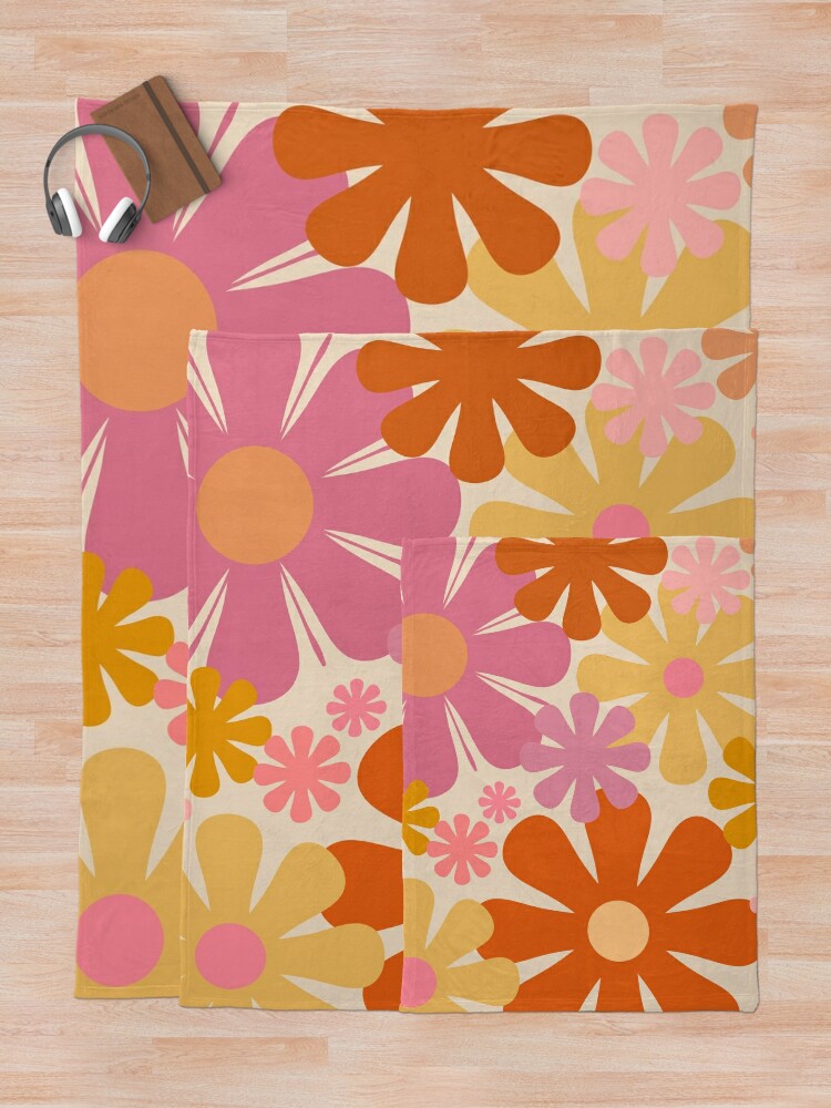 Alternate view of Retro 60s 70s Flowers - Vintage Style Floral Pattern in Thulian Pink, Orange, Mustard, and Cream Throw Blanket