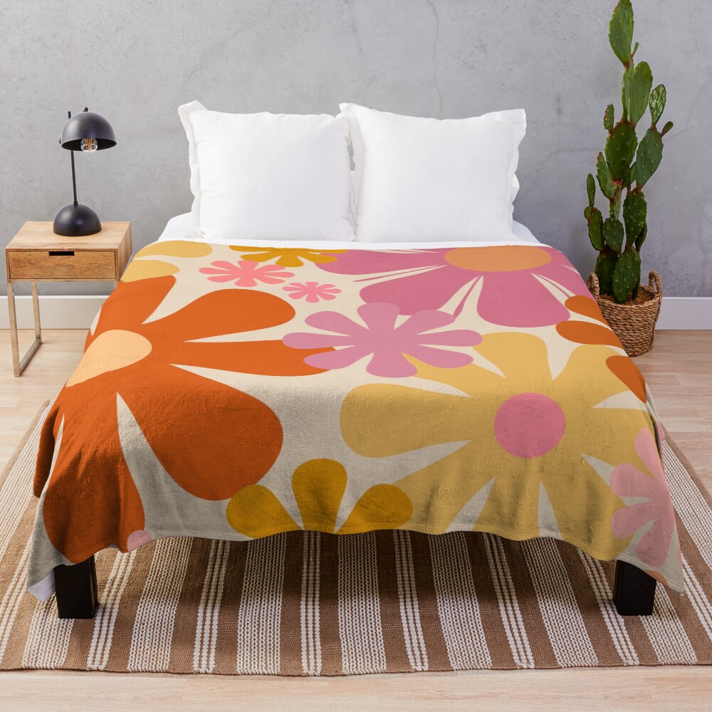 Retro 60s 70s Flowers - Vintage Style Floral Pattern in Thulian Pink, Orange, Mustard, and Cream Throw Blanket