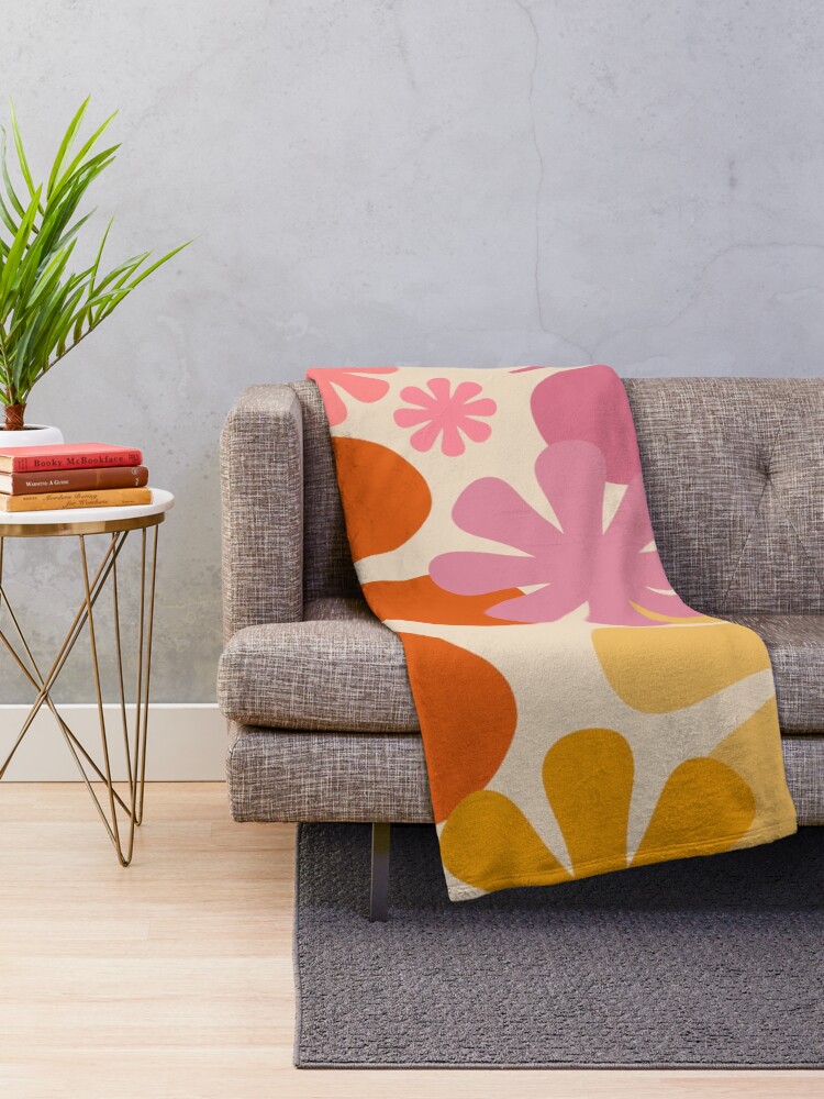 Alternate view of Retro 60s 70s Flowers - Vintage Style Floral Pattern in Thulian Pink, Orange, Mustard, and Cream Throw Blanket