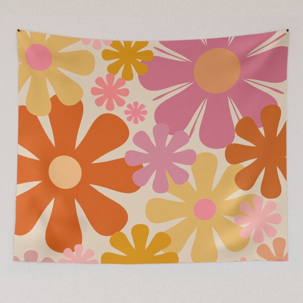 Item preview, Retro 60s 70s Flowers - Vintage Style Floral Pattern in Thulian Pink, Orange, Mustard, and Cream designed and sold by kierkegaard.