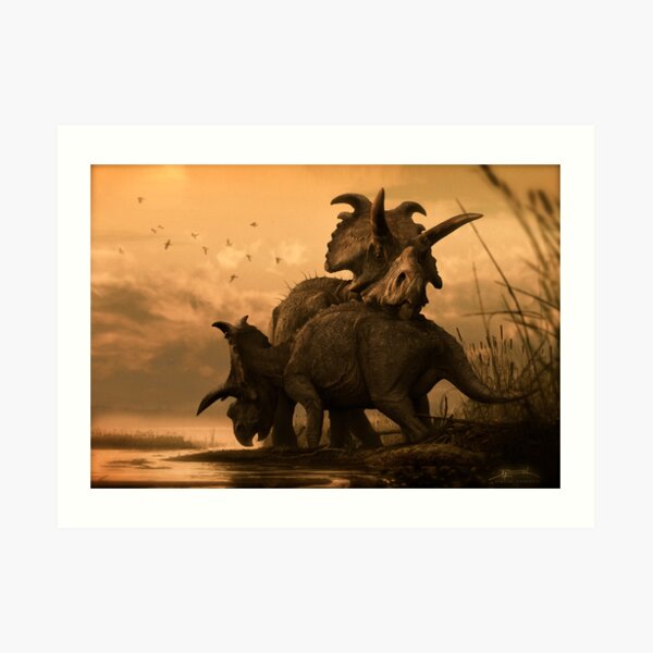 Albertaceratops Pair at Sunset- Sepia Toned Art Print
