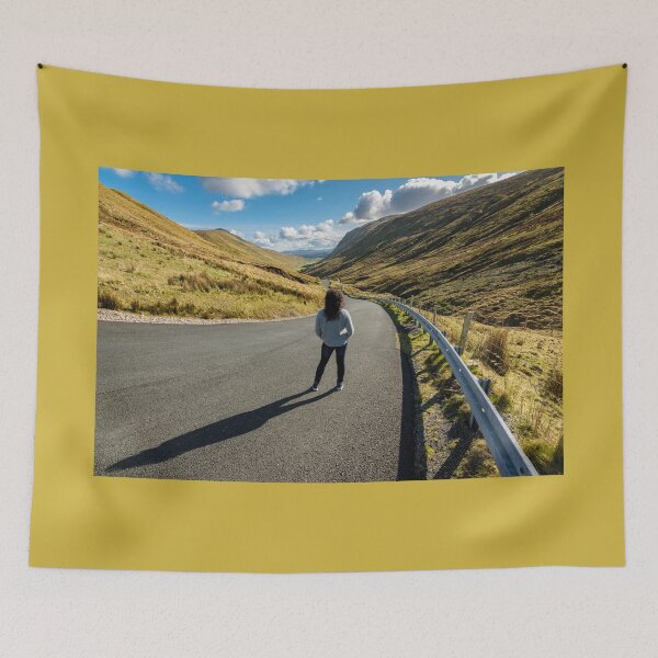 Item preview, A young beautiful woman with long curly hair stands on the highway of the Glengesh Pass between the mountains in Ardara, County Donegal, Ireland designed and sold by AlbertMi.