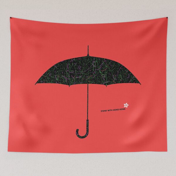 Item preview, 'STAND WITH HONG KONG: LASER UMBRELLA': The Original Black Umbrella & Neon Lasers on Washed Red designed and sold by Day Chapman.
