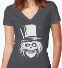 HATBOX GHOST WITH GRUNGY HAUNTED MANSION WALLPAPER Women's Fitted V-Neck T-Shirt